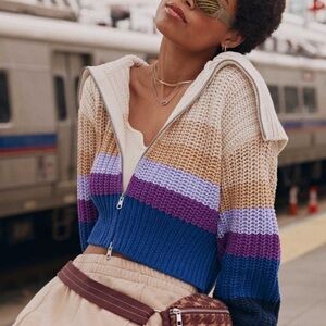 Aerie Double Zip Striped Cardigan Sweater
